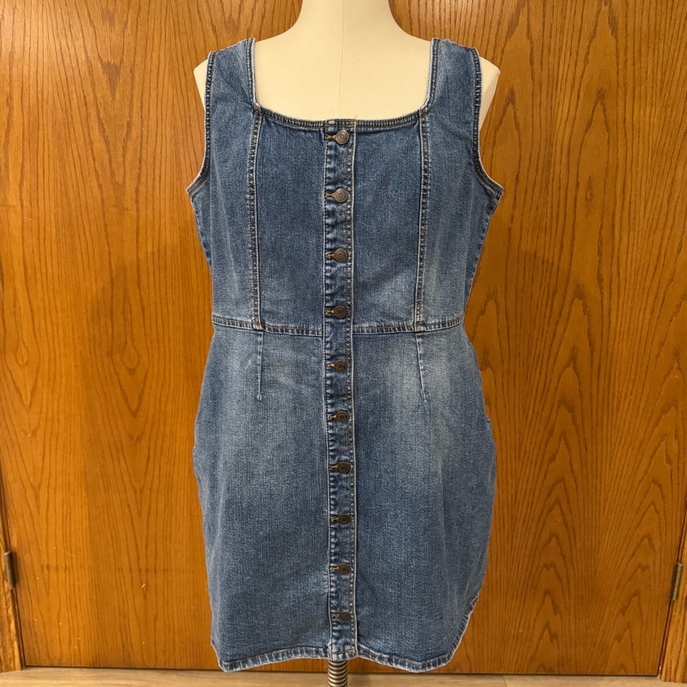 Jordache Vintage XXL Sleeveless Button Down Denim Jean Dress Stretchy Pockets